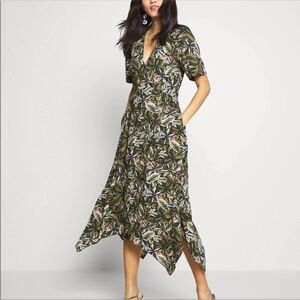 Banana Republic Jungle Tiger Print Wrap Dress Belted Midi Black/Green Size 0